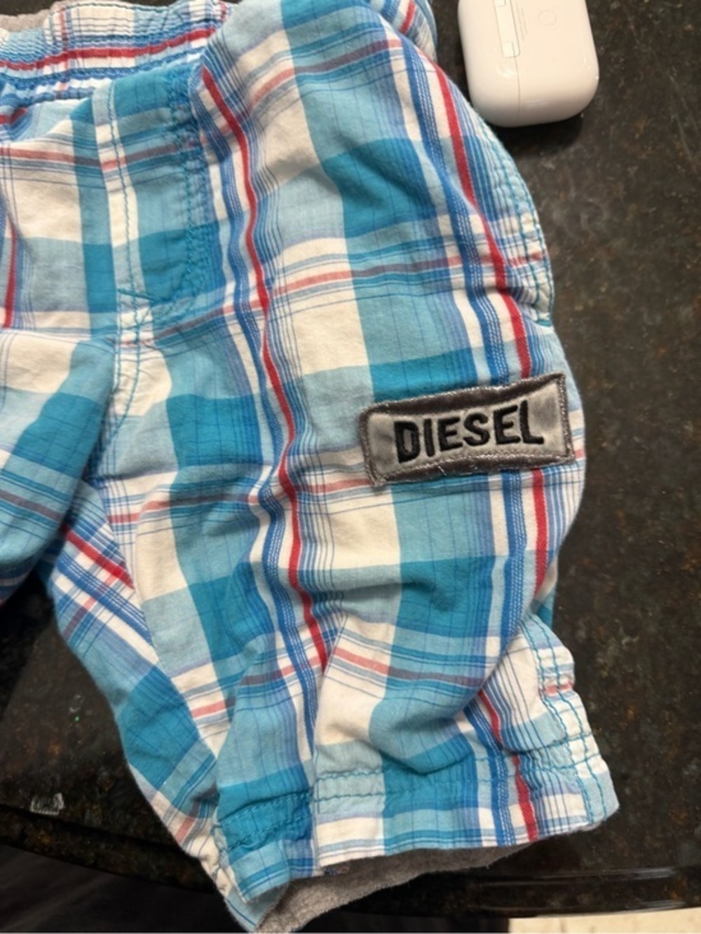 Diesel Blue and White Plaid Shorts with Red Accents